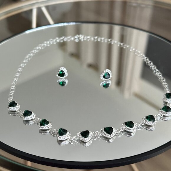 Sterling Silver 925 Choker Heart Green Zircons Stunning Set & Earrings - Picture 6 of 12